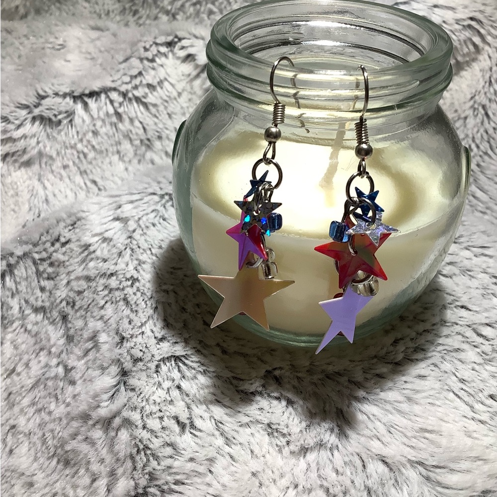 Red, white and blue beads and sequin dangling earrings.
